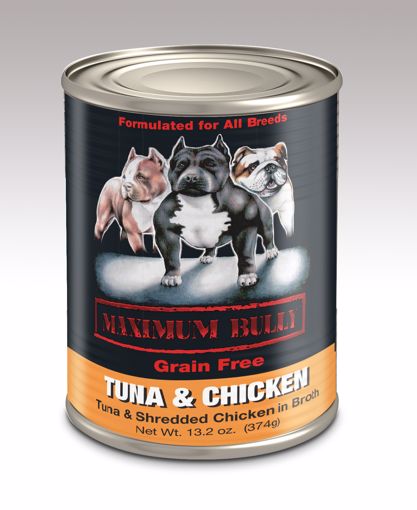 Picture of 12/13.2 OZ. MAXIMUM BULLY GF TUNA/SHREDDED CHICKEN IN BROTH