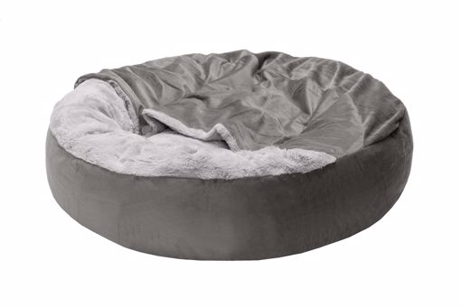 Picture of MED. WAVE FUR & VELVET HOODED DONUT BED - DARK GRAY